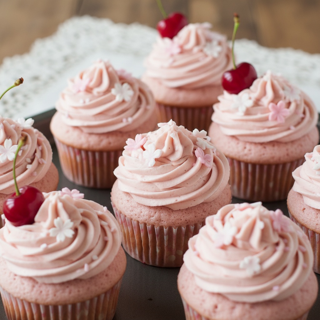 Cherry Blossom cupcakes – light cherry flavor with soft pink swirl